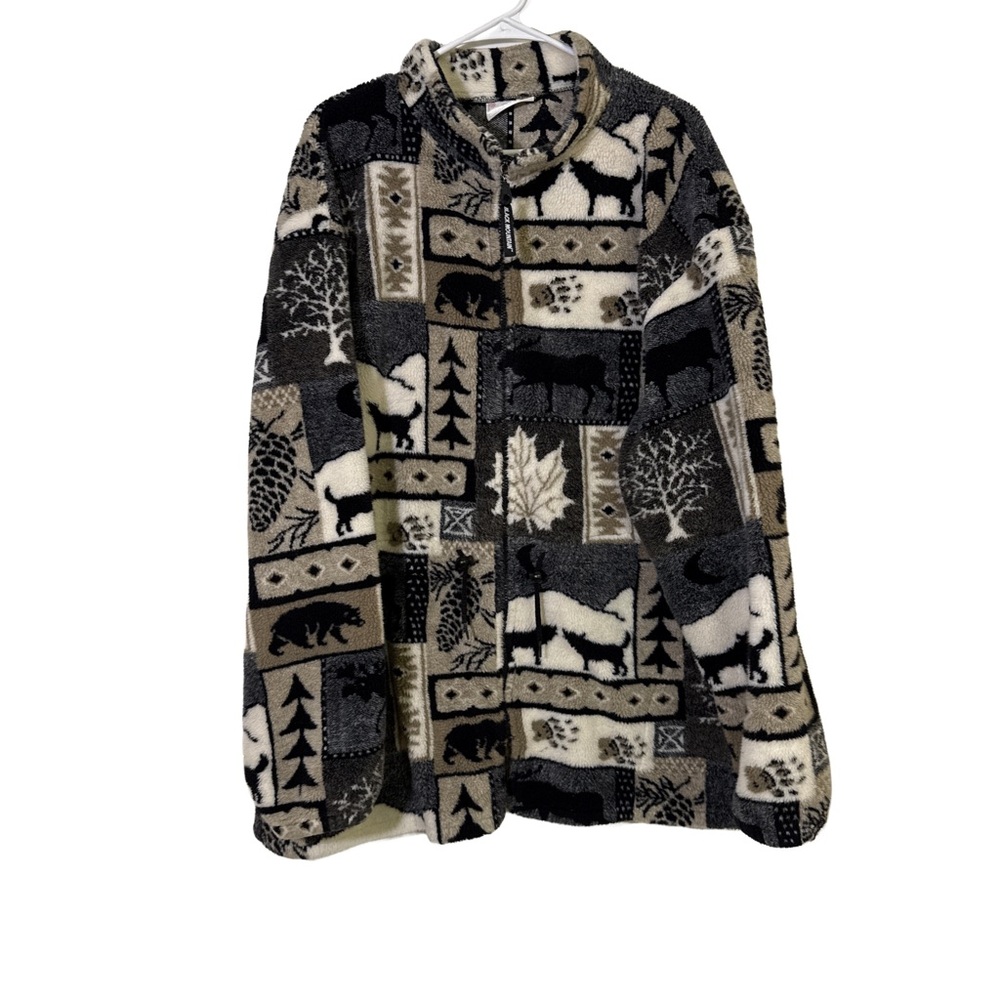 Vtg BLACK MOUNTAIN Fleece Jacket 3XL Forest Pattern Full Zip Pockets with Hat